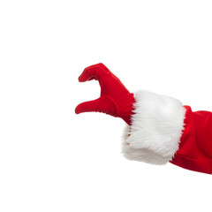 A red Santa Claus glove with white fur trim, positioned in a grasping gesture against a transparent background. Isolated PNG format.