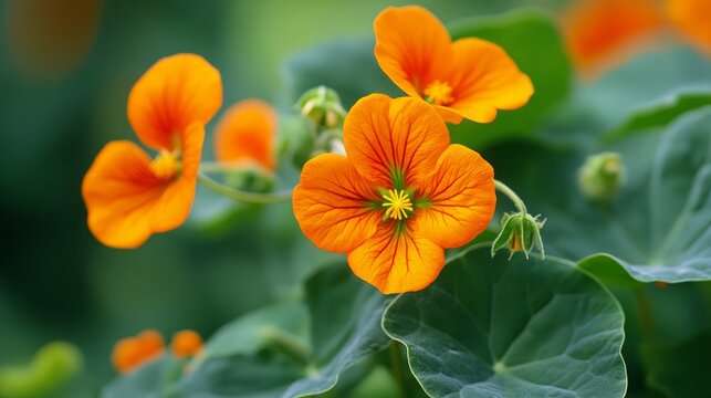 Orange garden nasturtium flowers (Tropaeolum majus) closeup
