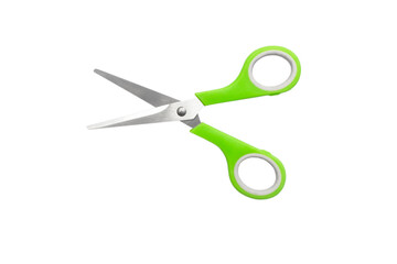School green scissors closed, green handle isolated on white background. School stationery.