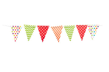 A carnival garland with multicolored flags on a white background. Decorative colorful pennants for birthday and New Year's celebrations.