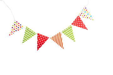 A carnival garland with multicolored flags on a white background. Decorative colorful pennants for birthday and New Year's celebrations.