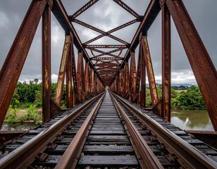 Rail Bridge Centerline With Rusted Beams and Moisture Sheen