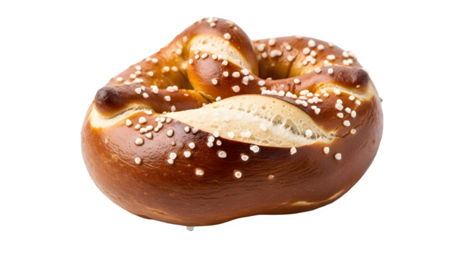 Freshly baked brown salted Bavarian pretzel ready to eat as a delicious savory snack food isolated PNG with Transparent Background