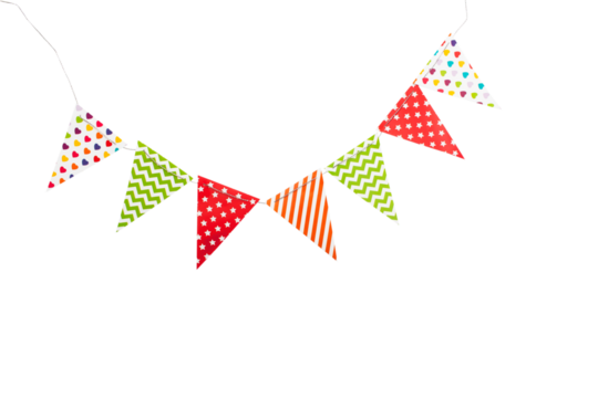 A carnival garland with multicolored flags on a white background. Decorative colorful pennants for birthday and New Year's celebrations.