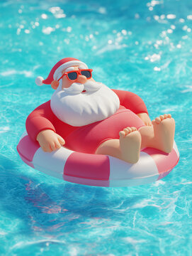 Santa Claus Swimming on an Inflatable Tube