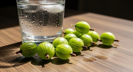Fresh Gooseberries And Glass Of Water Displaying Natural Refreshment On Wooden Surface