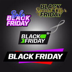 Modern Black Friday vector set with colorful neon sale banners and typography. Ideal for Black Week promotion, online ads, and shopping campaigns.