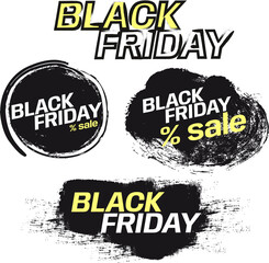 Grunge-style Black Friday vector set with brush stroke sale labels. Bold design for Black Week promotions, posters, and advertising materials.