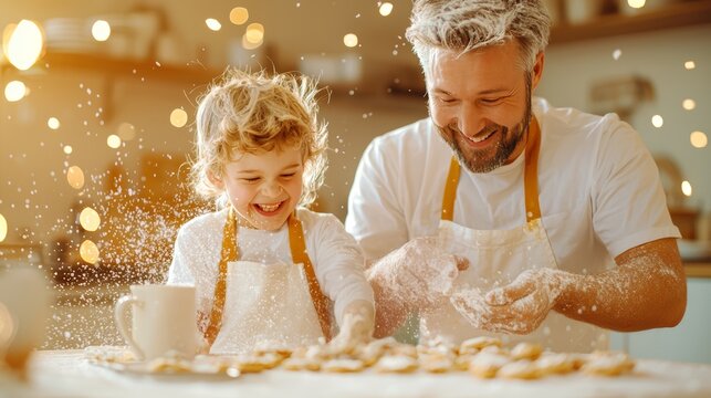 Joyful moments shared between a smiling father and child baking cookies together in a cozy kitchen, surrounded by flour and festive atmosphere, capturing the essence of family bonding