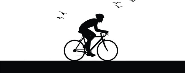 Obraz premium Silhouette of a cyclist riding a bicycle with birds flying, cyclist, bicycle, cycling, bike, sport, recreation, silhouette, person, man, helmet, road, motion, speed, birds, flying, flock, sky, white b