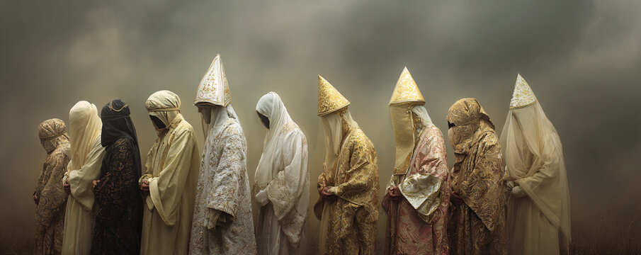 Mysterious figures in elaborate robes performing a ancient spiritual procession