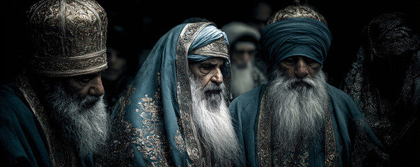 Elders consulting, showing wisdom, tradition, and solemn council in ancient attire