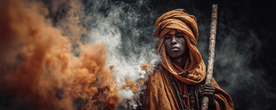 Sadhu holy man in intense pose enveloped in spiritual smoke and cultural mystique