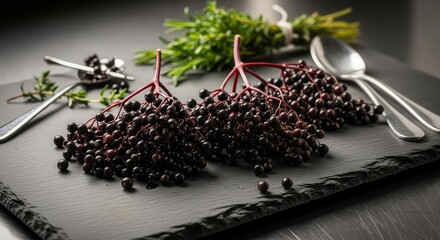 Fototapeta premium Fresh Elderberries and Herbs Arranged on a Slate Board, Perfect for Culinary and Wellness