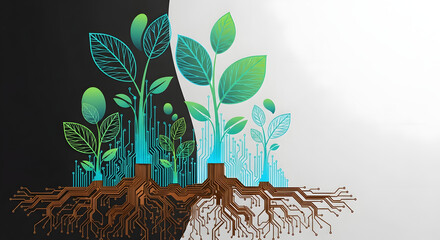 Innovative technology nurtures growth, blending nature with digital advancement for sustainable solutions and a brighter future, showcasing tech driven ecology