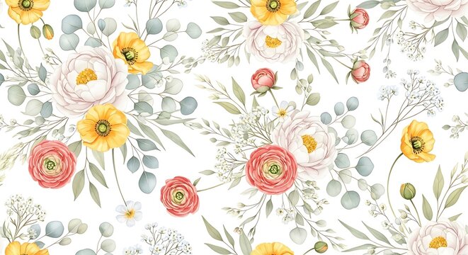 Watercolor floral pattern with ranunculus, roses, eucalyptus and daisies isolated on white background for textile or wallpaper design