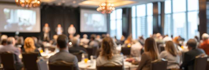 Audience of business professionals sitting in modern conference hall during presentation