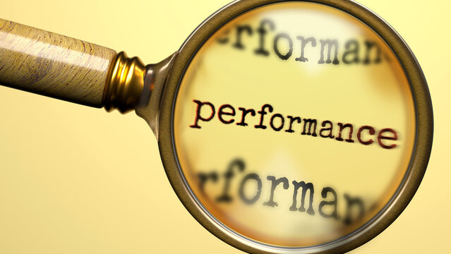Performance being studied under magnifying glass. Focusing on a topic of performance. Taking a closer look at performance. Examination of it ,3d illustration