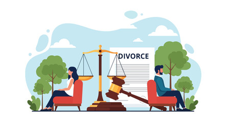 Flat style vector of man and woman sitting apart on sofa, avoiding eye contact, showing divorce, emotional distance and relationship conflict