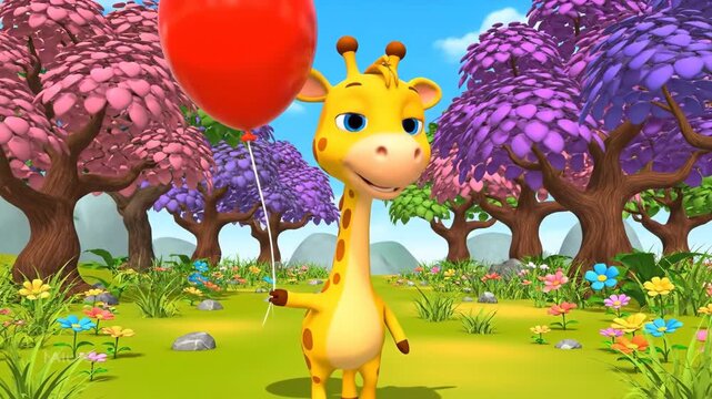 Animated giraffe holding red heart balloon in a colorful fantasy landscape