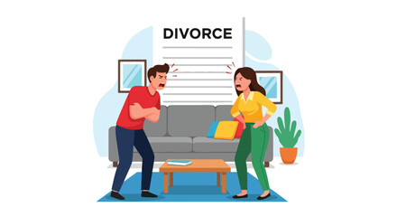 Flat vector of angry couple arguing at home, divorce, communication breakdown and relationship stress illustration