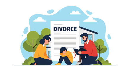 Flat vector of parents explaining divorce to child, family communication and emotional support concept