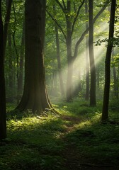 Obraz premium Enchanting forest scene bathed in ethereal light, showcasing a vibrant ecosystem of ancient trees and lush undergrowth. A truly serene natural wilderness ,ecosystem ,wonderful ,ancient