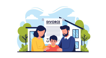 Flat vector of parents explaining divorce to child, family communication and emotional support concept