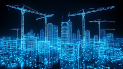 Modern digital design of a construction site with a crane illustrating business technology and data finance with blue vector lines