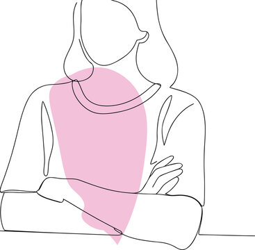 Person with arms crossed and pink shape abstract minimalist