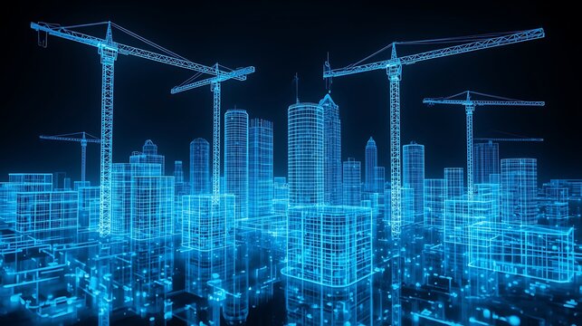 Modern digital design of a construction site with a crane illustrating business technology and data finance with blue vector lines