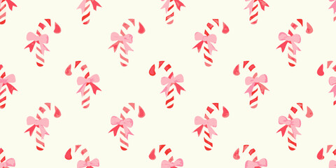 Whimsical candy cane pattern with pink bows on a cream background