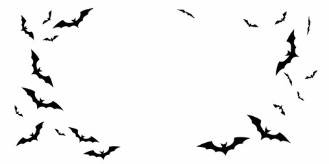Scattered black bat silhouettes flying in a chaotic pattern on a white background