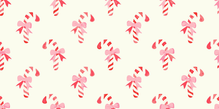 Whimsical candy cane pattern with pink bows on a cream background
