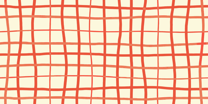 Hand drawn red and orange plaid pattern on cream background abstract geometric design