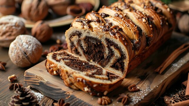 A sliced babka bread with chocolate filling on a wooden board surrounded by walnuts and cinnamon sticks - Powered by Adobe
