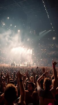 Enthusiastic crowd enjoying live music concert, raising hands and cheering.