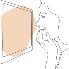 Woman looking at screen touching lips face profile