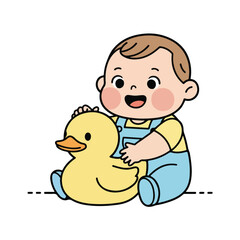 Cute Baby Playing with Duck Toy – Happy Infant Vector Illustration