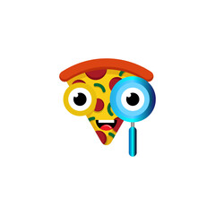 Cartoon pizza slice with magnifying glass. Happy smiling pizza with magnifying glass funny eyes.