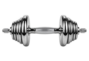 :Shiny chrome dumbbell with adjustable weight plates for fitness training