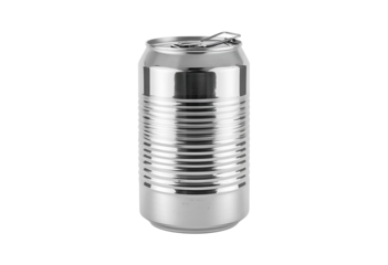 Silver metal tin can with pull tab for canned food products.