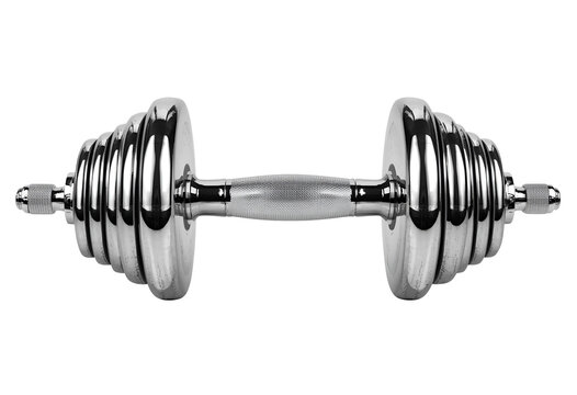 :Shiny chrome dumbbell with adjustable weight plates for fitness training