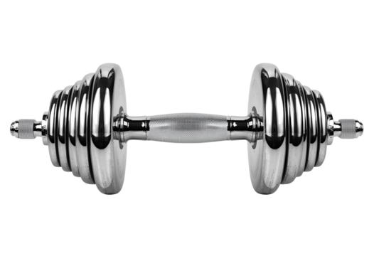 :Shiny chrome dumbbell with adjustable weight plates for fitness training