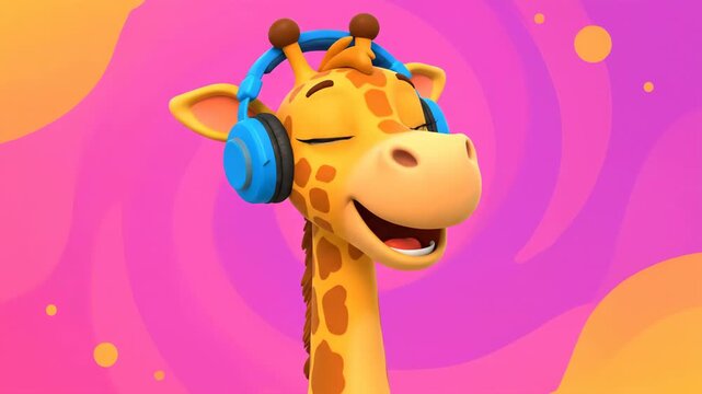 Cartoon giraffe wearing headphones against colorful abstract background