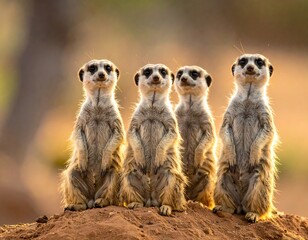 Four meerkats stand upright together on a small mound, basking in the warm golden sunlight