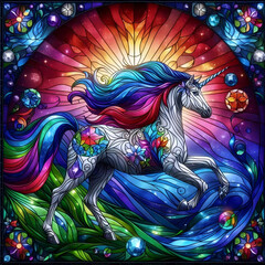 A unicorn in stained glass style, Ai generated image