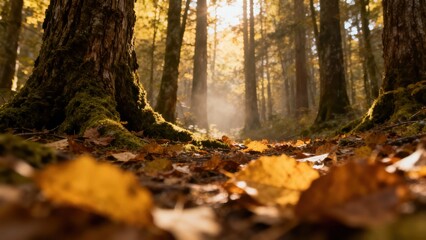 Obraz premium Sunlight streams through a dense woodland path covered in fallen autumn foliage