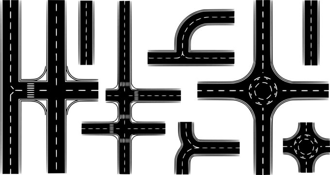 City street road seamless elements set. Roads parts pieces builder : straight, curved, crossing, roundabout. Create your own road journey map. Isolated vector .
