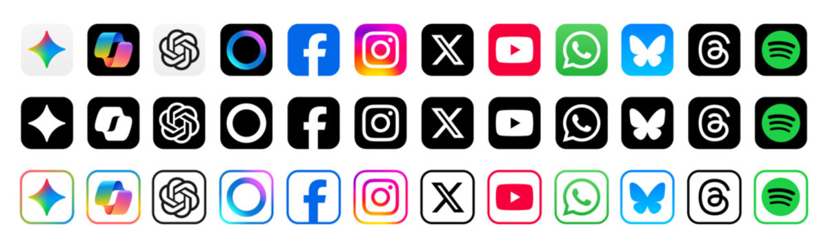 Social media icon set, social network logos, facebook, instagram, x, youtube, whatsapp, threads, bluesky, spotify. New Artificial Intelligence apps: chatgpt, meta ai, microsoft copilot, google gemini
